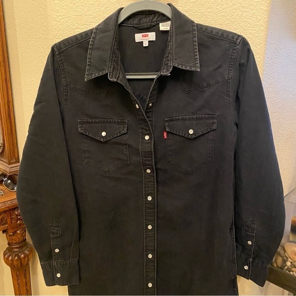 LEVI’S Women Black Pearl Snap Button Denim Shirt Dress Western Style Size Small - Picture 2 of 7